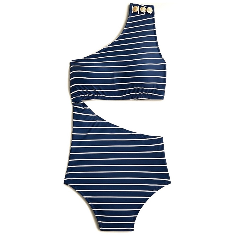 J.Crew Cutout Navy and White Striped One-Shoulder One Piece Buttoned Swimsuit